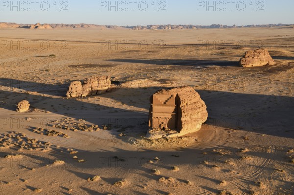 Qasr Al-Farid, 2000-year-old tomb of the Nabataeans, aerial view, Hegra or Madain Salih, AlUla region, Medina province, Saudi Arabia, Arabian Peninsula, Asia