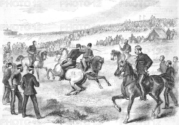 English lancers training, 1869, at Aldershot camp, England, Historic, digitally restored reproduction of an original 19th century artwork, exact original date unknown