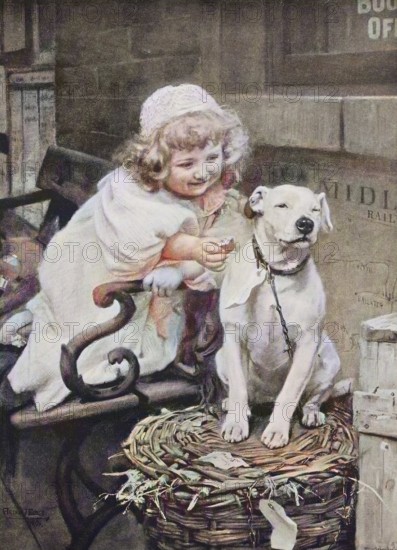 Little Girl Gives a Biscuit to the House Dog, 1880, Germany, Historic, digitally restored reproduction of a 19th century original, Europe