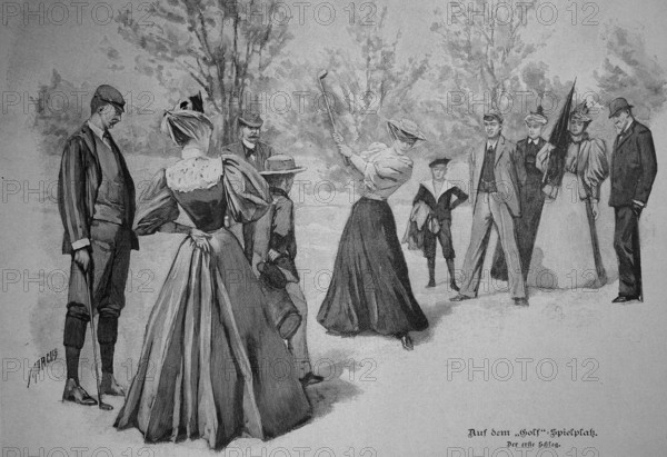 Fine Society on the Golf Course, 1880, France, Historic, digitally restored reproduction of an original 19th-century print, Europe