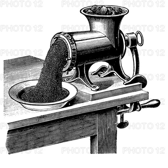 Historic kitchen utensils, meat slicer, meat grinder, 1887, Germany, Historic, digitally restored reproduction of an original 19th century model, exact original date unknown, Europe