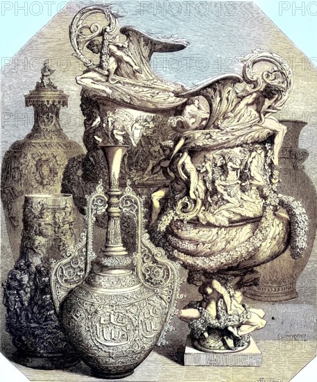 Ceramics, Vases at the Universal Exhibition 1855, Paris, France, Historic, digitally restored reproduction of a 19th century original, Europe