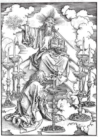 Picture cycle The Apocalypse, St. Johns vision of Christ and the seven candlesticks, woodcut by Albrecht Dürer, historical, digitally improved reproduction of an old woodcut, The Apocalypse, St. Johns vision of Christ and the seven candlesticks, woodcut by Albrecht Dürer, historical, digitally improved reproduction of an old woodcut