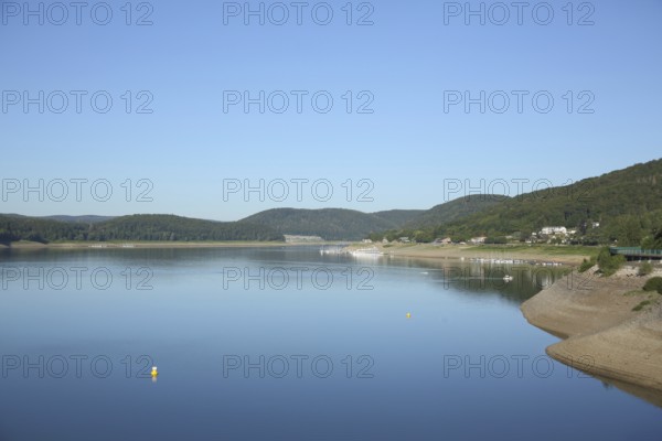 View of landscape from the Edersee near Waldeck-West during low water, forest, lake, Hesse, Germany, Europe