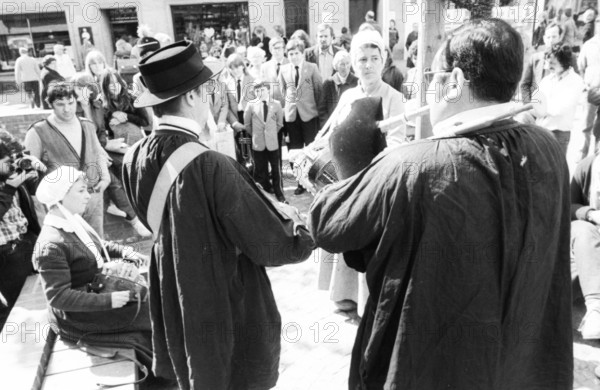 Artists from France performed at a street festival on 09.05.1980 in Dortmund-Hoerde, Germany, as part of the Foreign Culture Days France, Europe