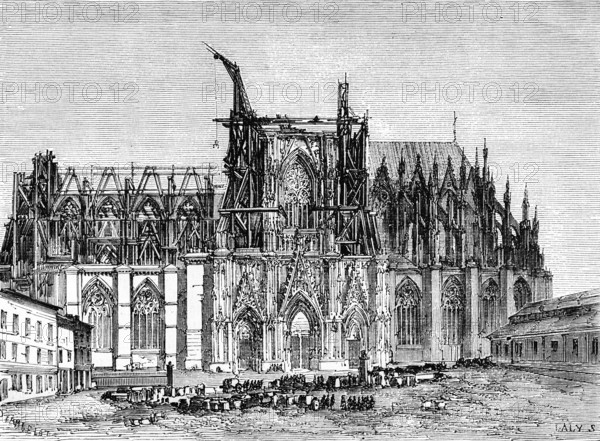 Cologne Cathedral under construction, Rhine, Germany, Le Rhin, Victor Hugo, historical illustration, c. 1843, Europe