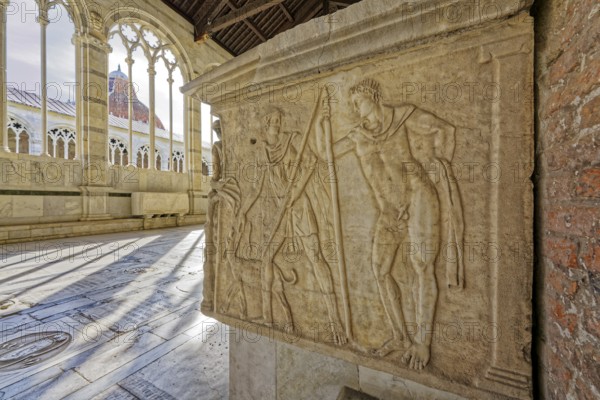 Side view, Roman Phaedra Hippolytus sarcophagus, Sarcofago romano, Fedra e Ippolito, 2nd c., Antiquity, Camposanto Monumentale, Miracles Square, Piazza dei Miracoli also Campo dei Miracoli, Piazza del Duomo, Pisa, Tuscany, Italy, UNESCO World Heritage Site, Europe