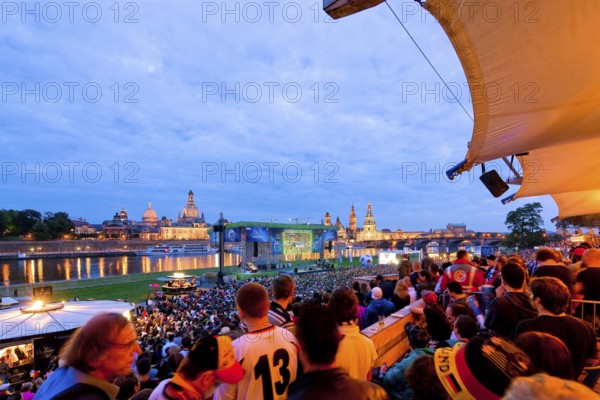 Public viewing on the banks of the Elbe in Dresden on the grounds of the Filmnächte am Elbufer, where thousands of fans cheer for their team as the matches from South Africa are broadcast on a big screen