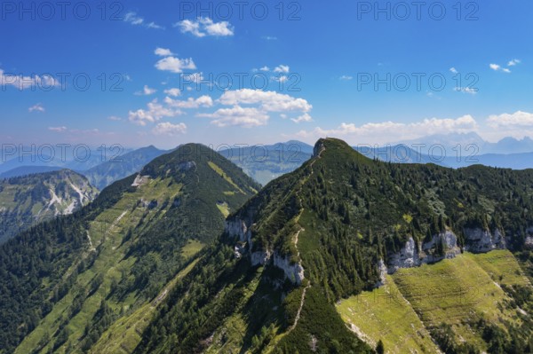 Drone shot, panorama shot, mountain landscape, summit massif of the Regenspitz with Gennerhorn, Osterhorn group, Salzkammergut, province of Salzburg, Austria, Europe