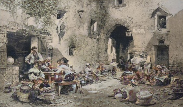 Market in Subiaco 1880, Italy, Historical, digital reproduction of an original 19th century painting, original date unknown, Europe