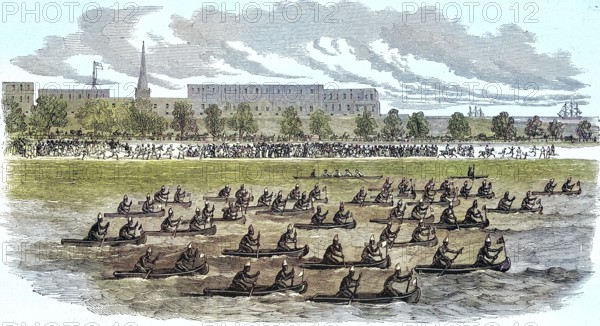 Great Regatta of Madras, Canoes, 1869, India, Historic, digitally restored reproduction of a 19th century original, exact original date unknown, Asia