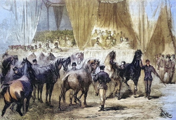 Horse show and award ceremony at the Palais de lIndustrie, the winning horses pass the jury stand, 1869, Paris, France, Historic, digitally restored reproduction of a 19th century original, Europe