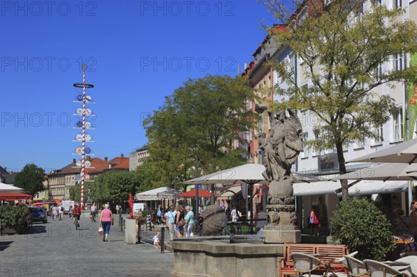 In the city centre of Bayreuth, the Famabrunnen and guild tree in the pedestrian zone, Bayreuth, Upper Franconia, Bavaria, Germany, Europe