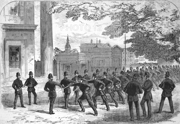 Uprising of 1867 by the Irish Republican Brotherhood. London police officers practising the use of the sabre, England, Ireland, Historic, digitally restored reproduction of an original 19th century master, exact original date unknown, Europe