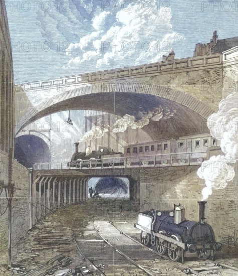 The Metropolitan Railway in 1869, railway, here Farringdon station in London, England, Historic, digitally restored reproduction of a 19th century original, exact original date unknown