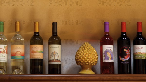 A selection of different wine bottles on a shelf next to a decorative ceramic fruit, Donna Fugata, Sicilian wine, Sicily, Italy, Europe