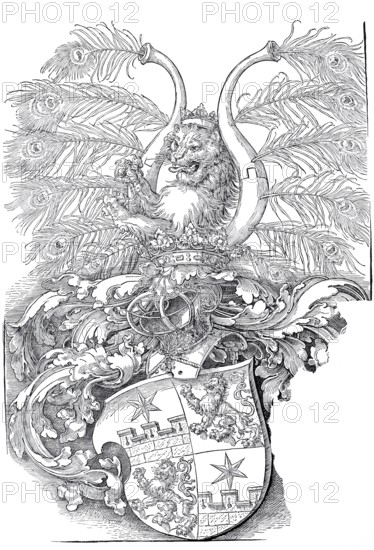 The Coat of Arms of the Roggendorfer, woodcut by Albrecht Dürer, historical, digitally improved reproduction of an old woodcut