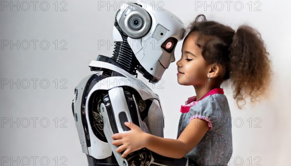 A tender touch, a little girl, about 9 years old, and a humanoid robot look each other in the face, AI generated