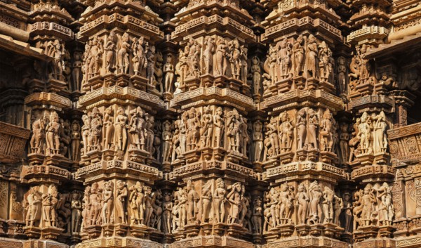 Famous stone carving sculptures, Kandariya Mahadev Temple, Khajuraho, India. Unesco World Heritage Site