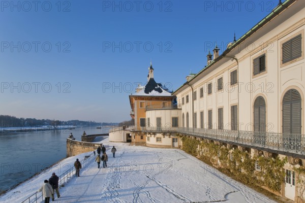 Pillnitz Palace Park in winter, water palace on the Elbe