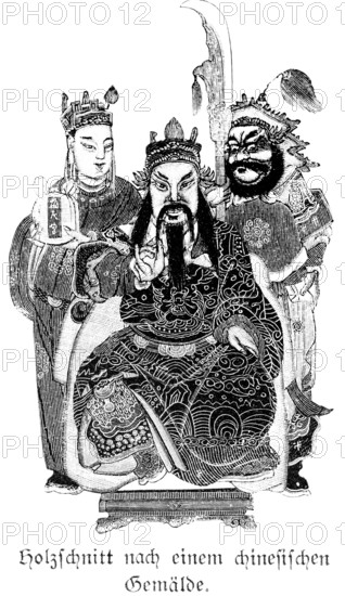 Woodcut after a chinese painting, three figures, masks, disguise, headgear, beard, China, historical illustration c. 1898, Asia