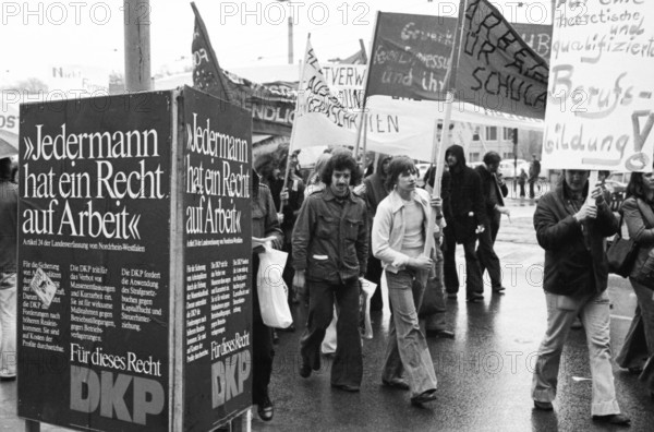 Demonstration of 30, 000 of the DGB youth against unemployment and better vocational training on 19.4.1975 in Dortmund, Germany, Europe