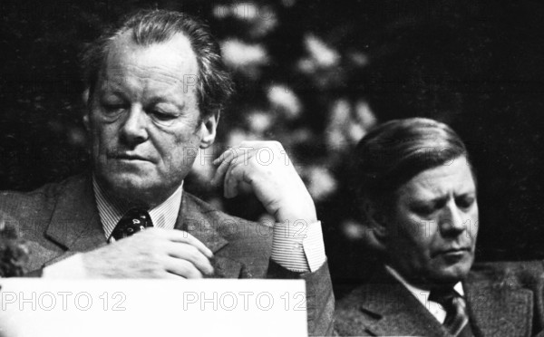 An election rally of the Social Democratic Party of Germany (SPD) on 23.4.1975 in the Westfalenhalle in Dortmund..Wiully Brandt, Helmut Schmidt of l, Germany, Europe