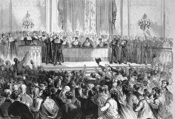 Event at the University of Madrid, Castelar, Fernando Castro and the other professors are ceremoniously reinstated to their chairs, 1869, Spain, Historic, digitally restored reproduction of an original 19th century print, exact original date unknown, Europe