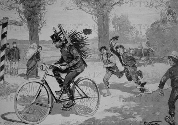 Chimney sweep on bicycle, Chimney sweep on bicycle in 1870, Historic, digitally restored reproduction of an original 19th century painting