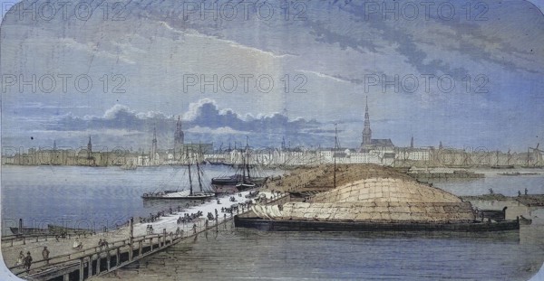 View of the city of Riga from the left bank of the Düna, 1869, today Latvia, Historic, digitally restored reproduction of an original 19th century original, exact original date unknown