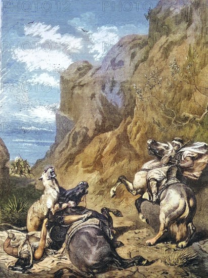 Cougar attacks two Arab horsemen, 1868, Arabia, Historic, digitally restored reproduction of an original 19th century painting, exact original date not known