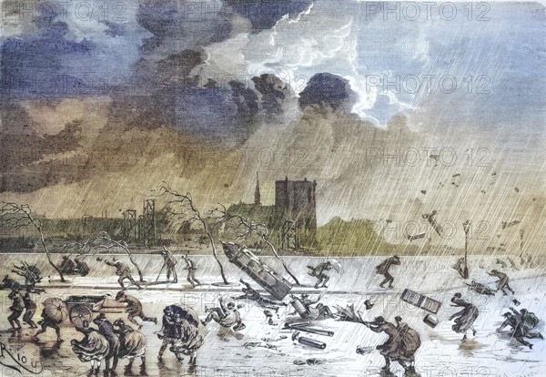 The Hurricane of 8 March 1869 in Paris, France, Historical, digitally restored reproduction of an original 19th century painting, exact original date not known, Europe