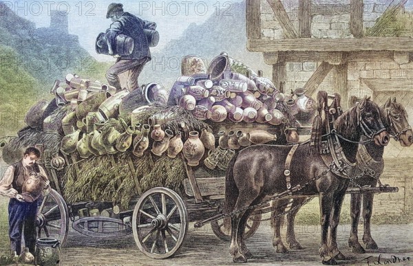 Rhineland trading wagon with many vases and amphorae, dipper wagon, mobile trader, around 1885, Historical, digitally restored reproduction from a 19th century original, Rhineland trading wagon with many vases and amphorae, dipper wagon, mobile trader, around 1885, Historical, digitally restored reproduction from a 19th century original