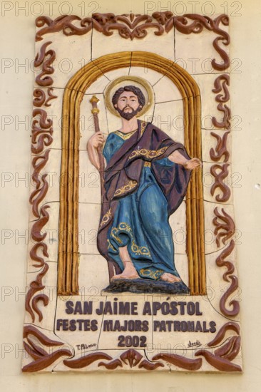 Commemorative plaque for Saint James at the church Iglesia de San Jaime y Santa Ana, Benidorm, Costa Blanca, Province of Alicante, Valencian Community, Spain, Europe