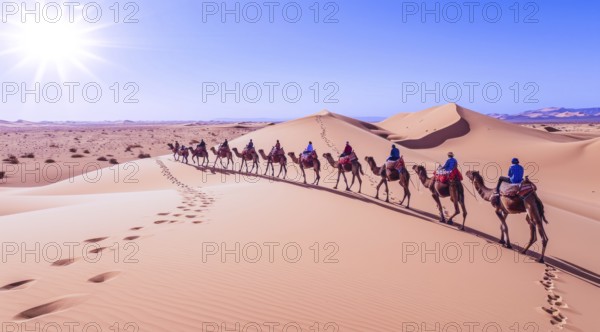 Caravan travelling over dunes in the desert, AI generated