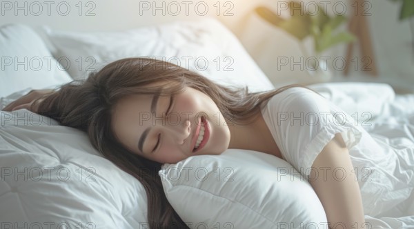 Healthy sleep on comfortable pillow. Healthy relaxation of Asian lady, AI generated