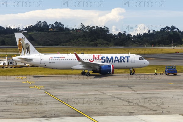 A JetSmart Airbus A320neo aircraft with the registration CC-DIJ at Rionegro Airport in Medellin, Colombia, South America