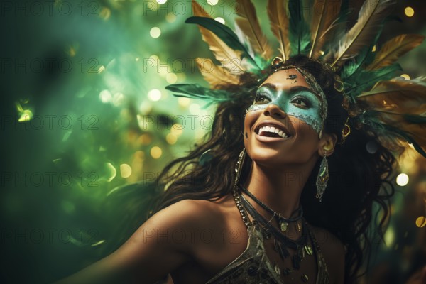 Captivating image capturing the essence of the Rio Carnival, showcasing a dancer adorned in an elaborate, vibrant costume, embodying the spirit and energy of this iconic festival, AI generated