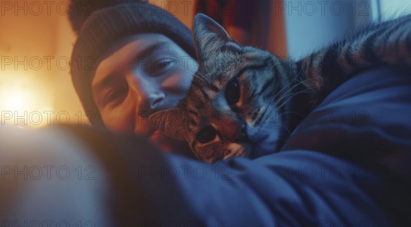 A man taking a selfie with his cat. Concept of warmth and affection between the man and his pet, AI generated