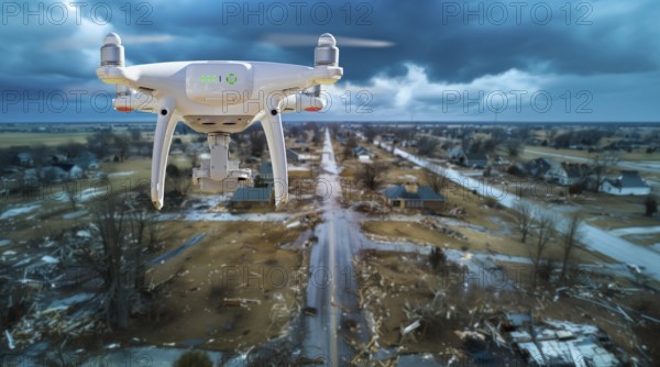 Quadcopter UAV search and rescue SAR drone flying A search above A tornado path of destruction, AI generated