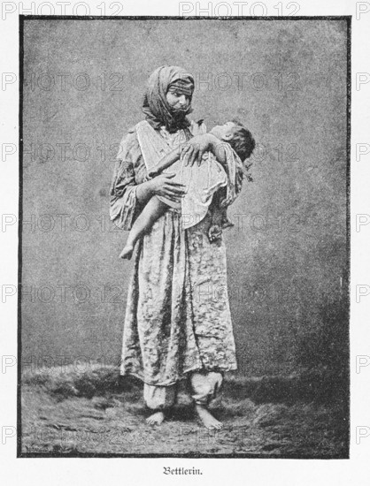 Standing beggar woman with child, Constantinople, Istanbul, portrait, woman, Turkey, historical illustration 1890, Asia