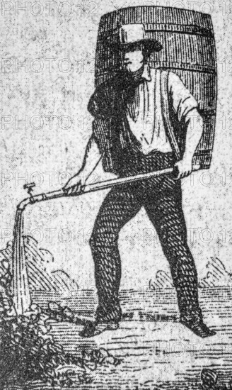 19th century engraving showing man carrying cask, barrel on his back and fertilizing field with manure