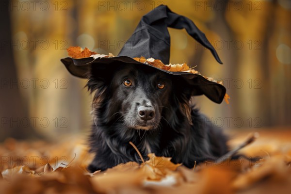 Cute black dog with Halloween costume withc hat lying in autumn forest with colorful leaves. Generative AI, AI generated