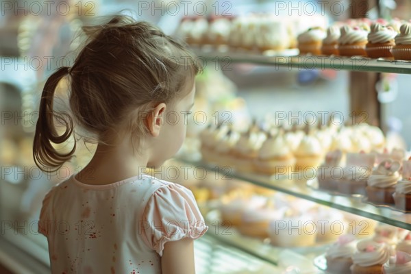 Young girl child looking at various cupcakes through shopping window of pastry shop. KI generiert, generiert, AI generated