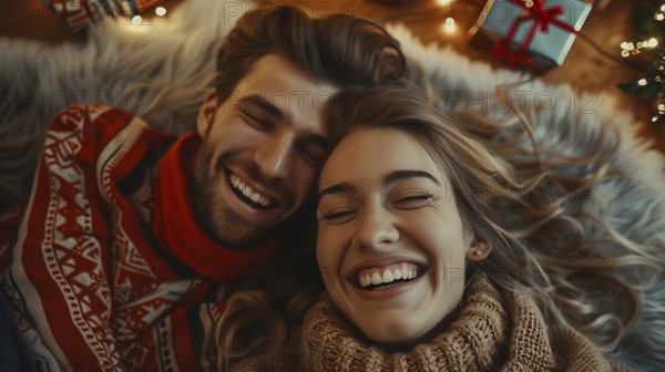 Young couple laying on their backs surrounded by christmas gifts and decorations laughing. generative AI., AI generated