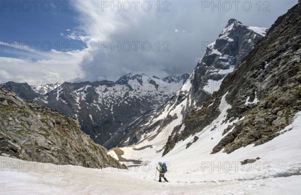 Female mountaineer hiking in a snowfield, Nördliche Mörchnerscharte, behind mountain peak Greizer Spitze with snow, Berliner Höhenweg, Zillertal Alps, Tyrol, Austria, Europe