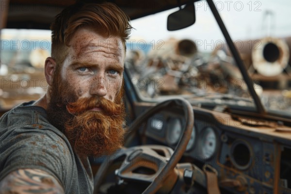 A red-haired man with a full beard, a scrap dealer in work clothes sits behind the wheel of his pickup truck in a scrap yard, AI generated, AI generated, AI generated