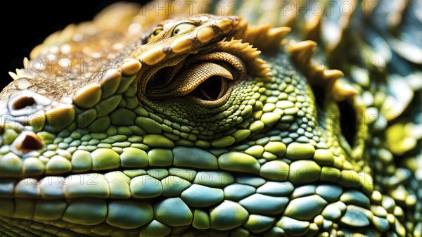 Close up on the wrinkled skin of an iguana with intricate patterns and vibrant hues, AI generated