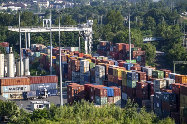 View of the CTD 2 Container Terminal Dortmund, bimodal truck/rail terminal, North Rhine-Westphalia, Germany, from the Deusenberg spoil tip, Europe