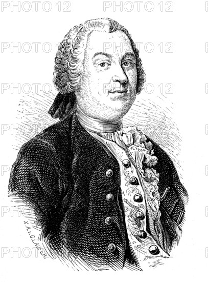 Johann Christoph Gottsched, 2 February 1700, 12 December 1766, a German writer, dramaturge, linguist and literary theorist as well as professor of poetics, logic and metaphysics of enlightenment, Historical, digital reproduction of an original from the 19th century